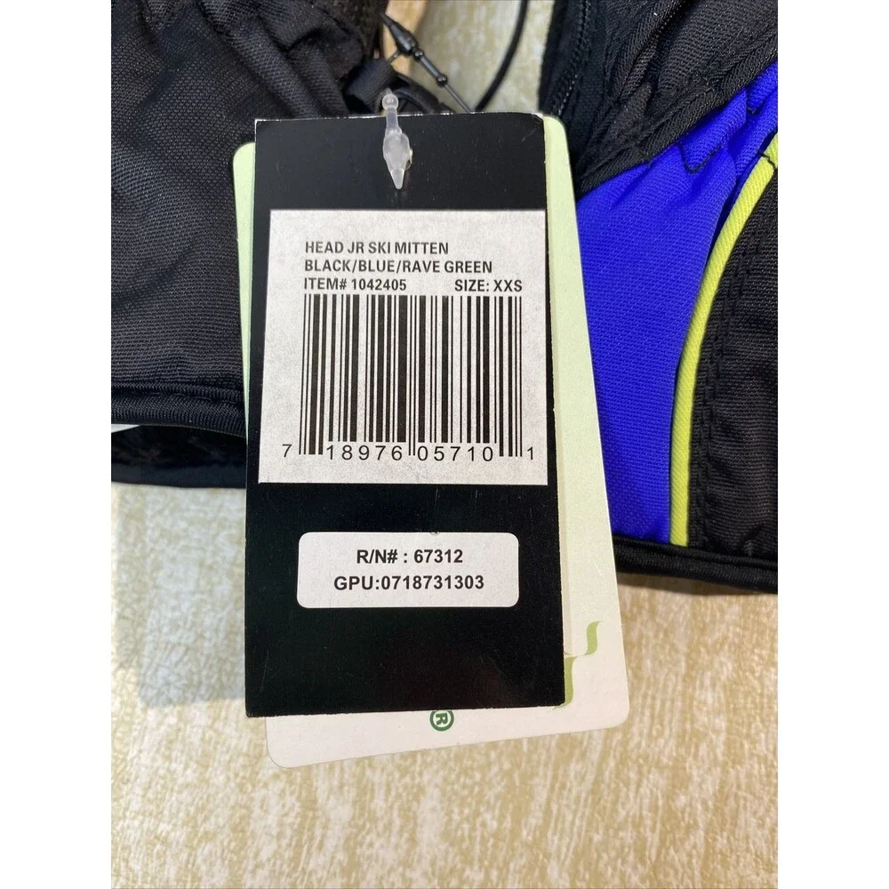 New HEAD DuPont Sorona Thermal Fleece Kids Mittens Black and Blue Size XXS